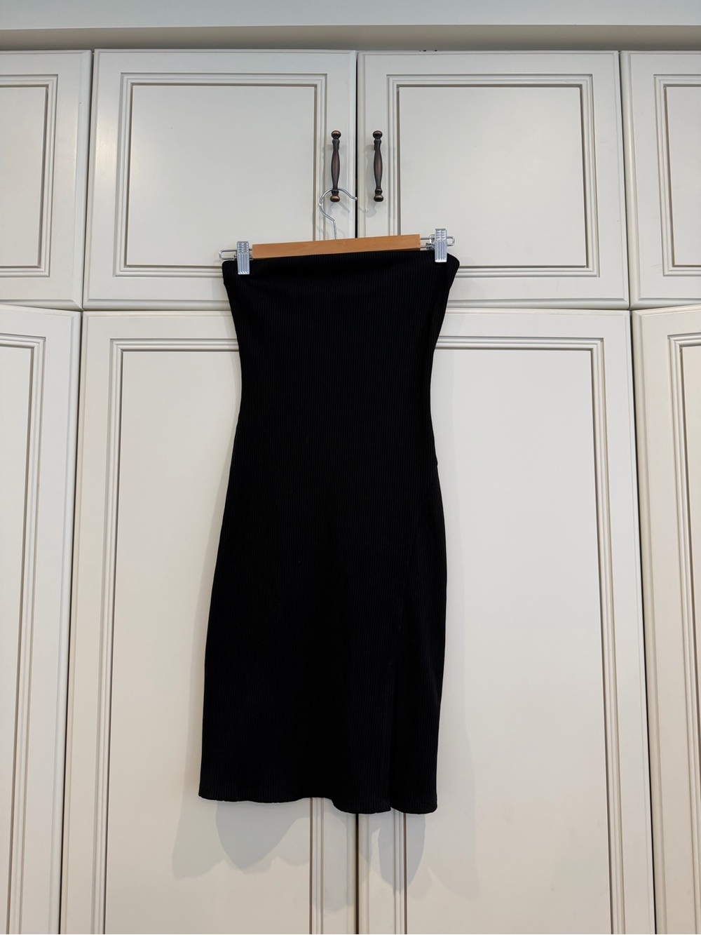 Strapless Black Ribbed Midi Dress